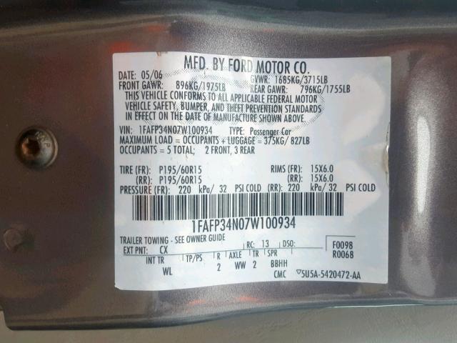 1FAFP34N07W100934 - 2007 FORD FOCUS ZX4 GRAY photo 10