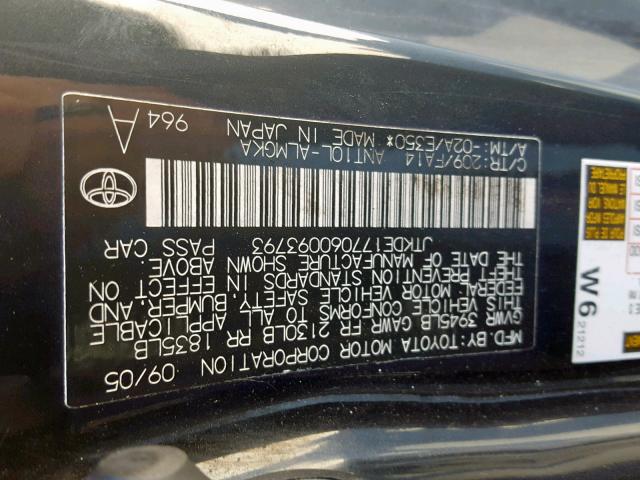 JTKDE177060093793 - 2006 TOYOTA SCION TC BLACK photo 10