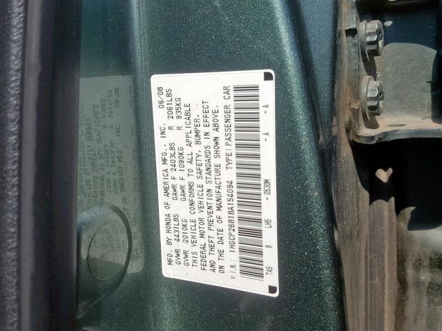 1HGCP26818A154094 - 2008 HONDA ACCORD EXL GREEN photo 10