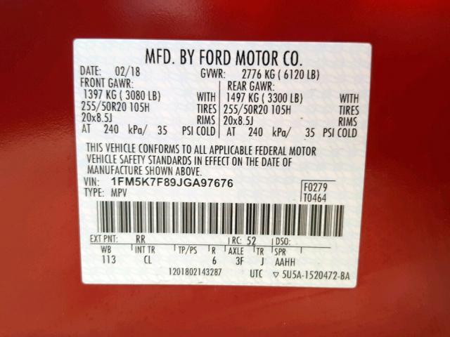 1FM5K7F89JGA97676 - 2018 FORD EXPLORER L MAROON photo 10