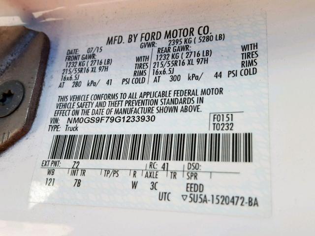 NM0GS9F79G1233930 - 2016 FORD TRANSIT CO WHITE photo 10