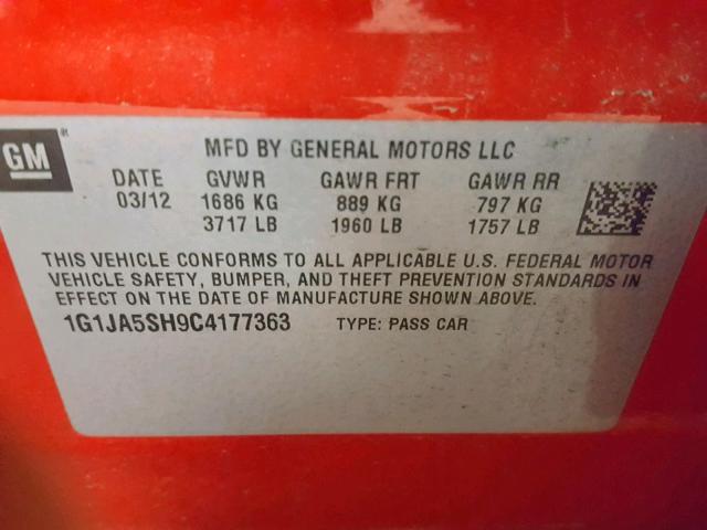 1G1JA5SH9C4177363 - 2012 CHEVROLET SONIC LS 红色 照片 10