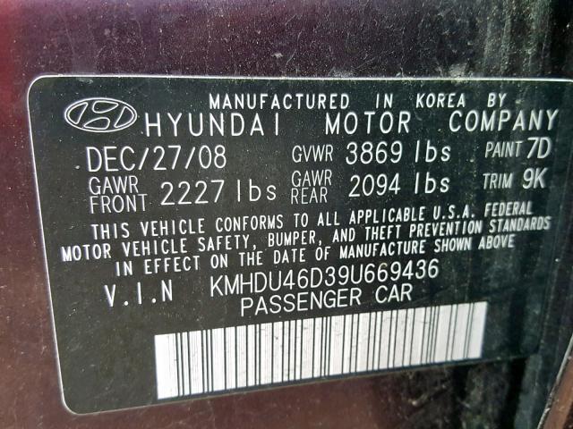 KMHDU46D39U669436 - 2009 HYUNDAI ELANTRA GL PURPLE photo 10