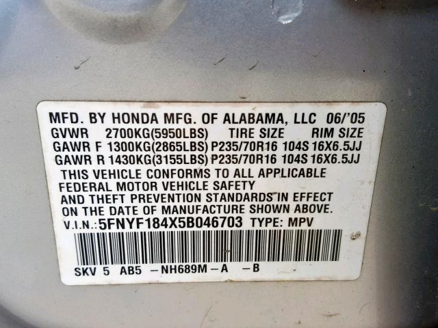 5FNYF184X5B046703 - 2005 HONDA PILOT EX SILVER photo 10