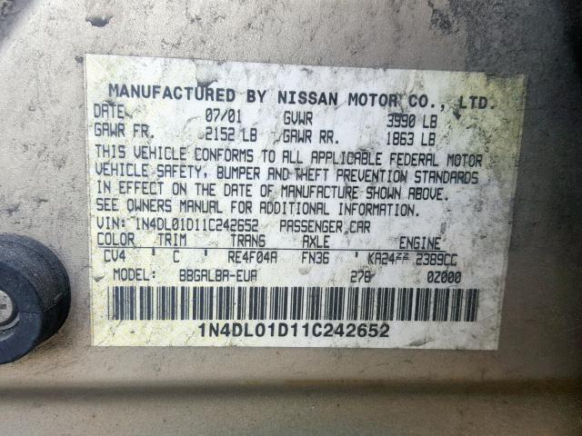 1N4DL01D11C242652 - 2001 NISSAN ALTIMA XE GOLD photo 10