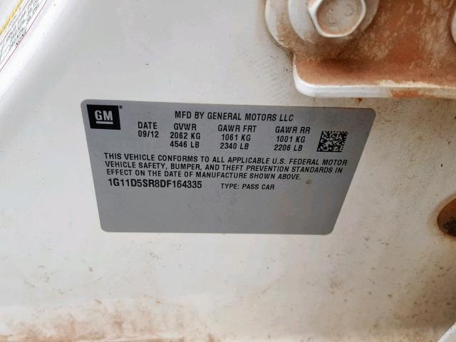 1G11D5SR8DF164335 - 2013 CHEVROLET MALIBU 1LT 白色 照片 10