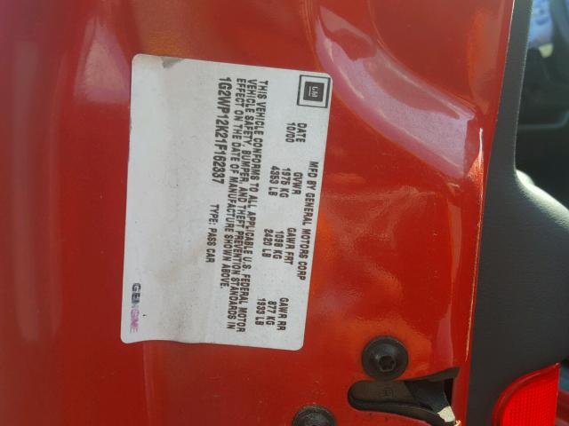 1G2WP12K21F162337 - 2001 PONTIAC GRAND PRIX RED photo 10