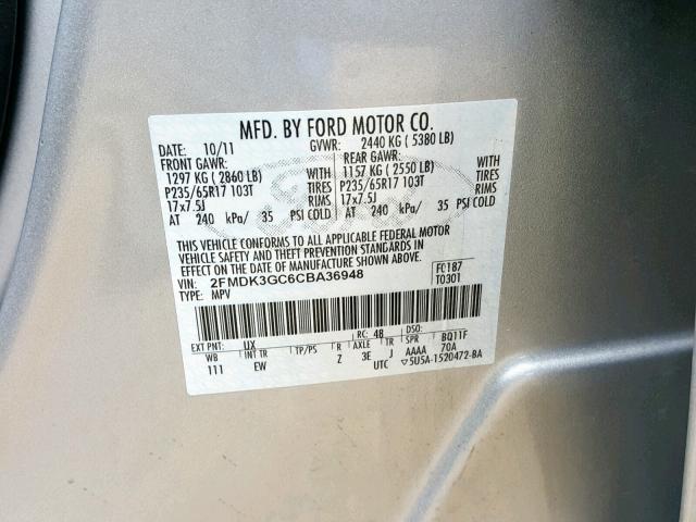 2FMDK3GC6CBA36948 - 2012 FORD EDGE SE SILVER photo 10