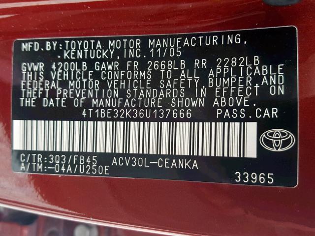 4T1BE32K36U137666 - 2006 TOYOTA CAMRY LE BURGUNDY photo 10