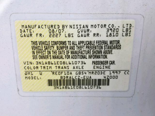 3N1AB61E08L610736 - 2008 NISSAN SENTRA 2.0 WHITE photo 10