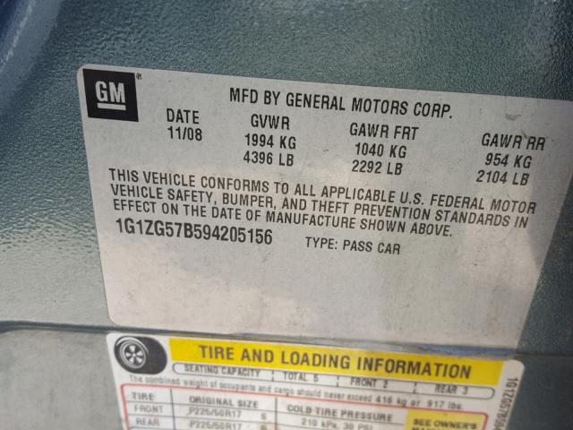 1G1ZG57B594205156 - 2009 CHEVROLET MALIBU LS 银色 照片 10