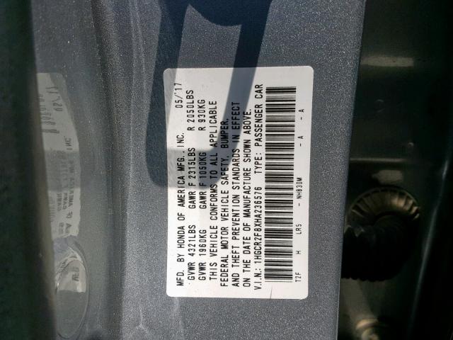 1HGCR2F8XHA236576 - 2017 HONDA ACCORD EXL SILVER photo 10