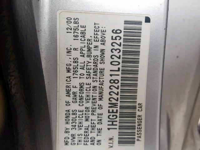 1HGEM22281L023256 - 2001 HONDA CIVIC DX SILVER photo 10