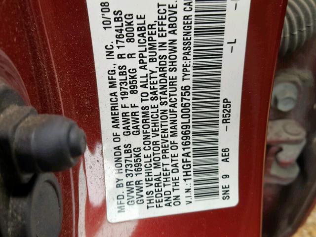 1HGFA16969L006756 - 2009 HONDA CIVIC EXL 勃艮第红 照片 10