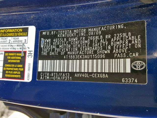 4T1BB3EK3AU115096 - 2010 TOYOTA CAMRY HYBR BLUE photo 10