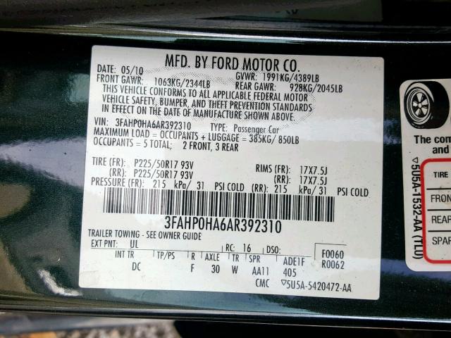 3FAHP0HA6AR392310 - 2010 FORD FUSION SE BLACK photo 10