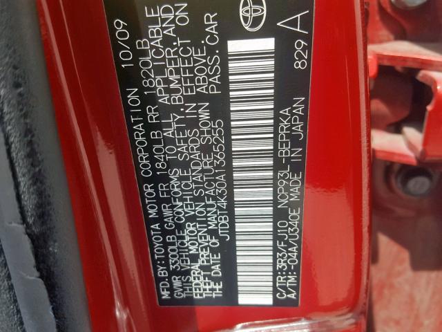 JTDBT4K30A1365255 - 2010 TOYOTA YARIS RED photo 10