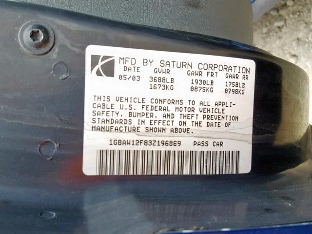 1G8AW12F83Z196869 - 2003 SATURN ION LEVEL BLUE photo 10