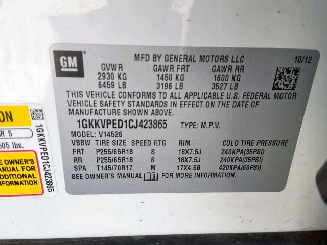 1GKKVPED1CJ423865 - 2012 GMC ACADIA SLE WHITE photo 10