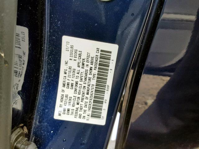 1HGCR2F82DA247579 - 2013 HONDA ACCORD EXL BLUE photo 10