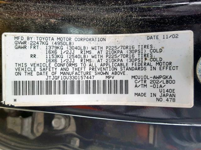 JTJGF10U330157447 - 2003 LEXUS RX 300 BLACK photo 10