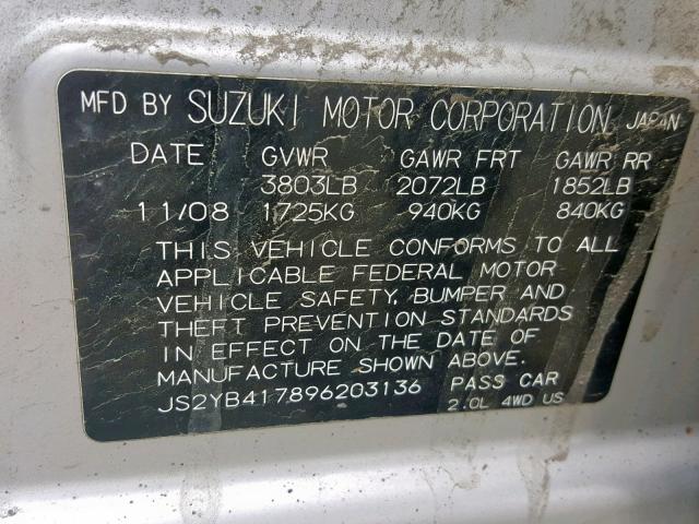 JS2YB417896203136 - 2009 SUZUKI SX4 TOURIN SILVER photo 10