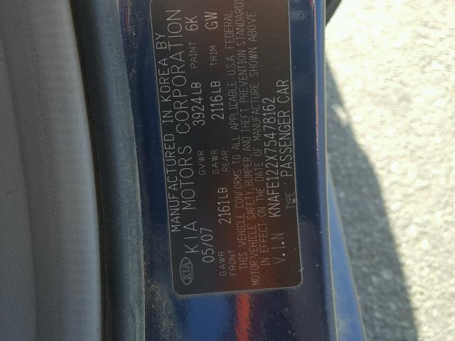 KNAFE122X75478162 - 2007 KIA SPECTRA EX BLUE photo 10