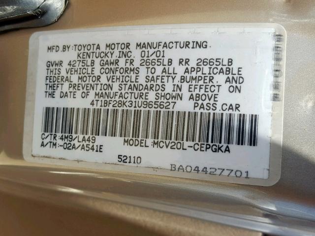 4T1BF28K31U965627 - 2001 TOYOTA CAMRY LE TAN photo 10