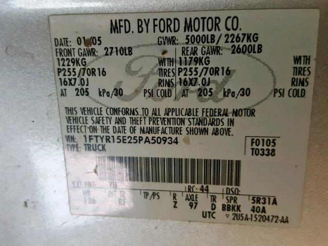 1FTYR15E25PA50934 - 2005 FORD RANGER SUP SILVER photo 10