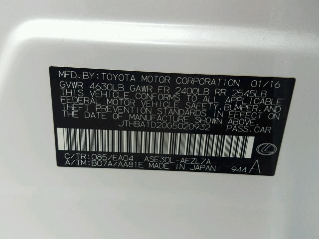 JTHBA1D20G5020932 - 2016 LEXUS IS 200T WHITE photo 10