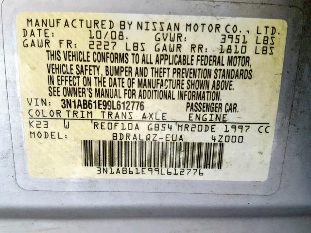 3N1AB61E99L612776 - 2009 NISSAN SENTRA 2.0 SILVER photo 10