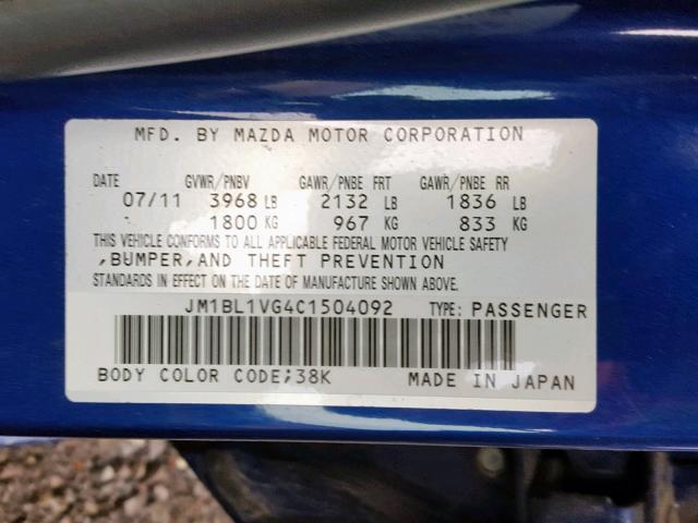 JM1BL1VG4C1504092 - 2012 MAZDA 3 I BLUE photo 10