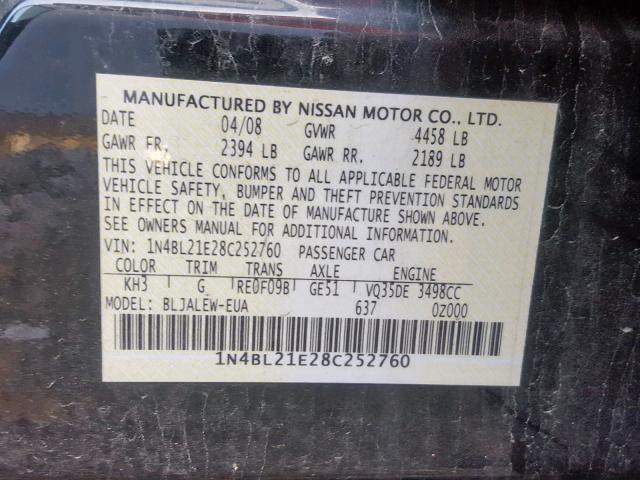 1N4BL21E28C252760 - 2008 NISSAN ALTIMA 3.5 BLACK photo 10