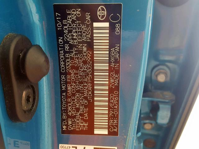 JTDKARFP5H3052992 - 2017 TOYOTA PRIUS PRIM 蓝色 照片 10