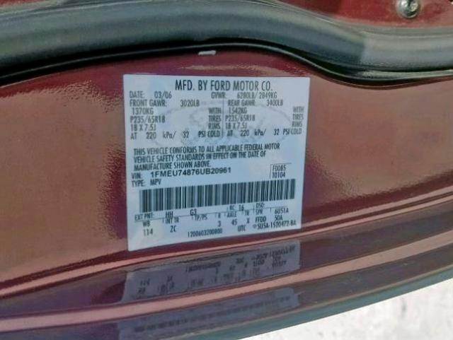 1FMEU74876UB20961 - 2006 FORD EXPLORER E MAROON photo 10