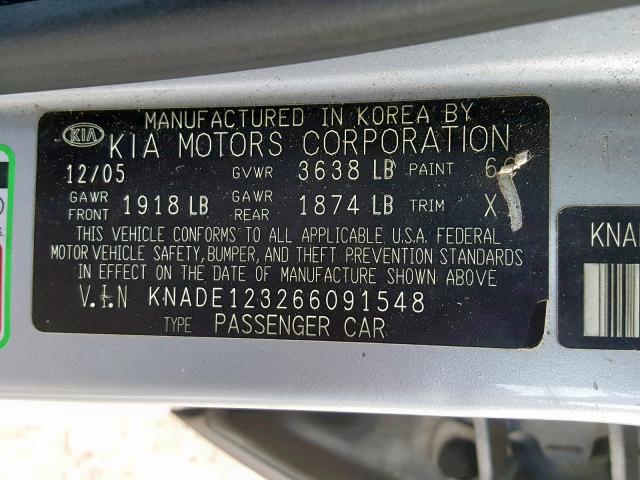 KNADE123266091548 - 2006 KIA RIO SILVER photo 10