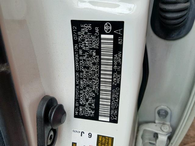 JTDKN3DP3C3021964 - 2012 TOYOTA PRIUS PLUG WHITE photo 10