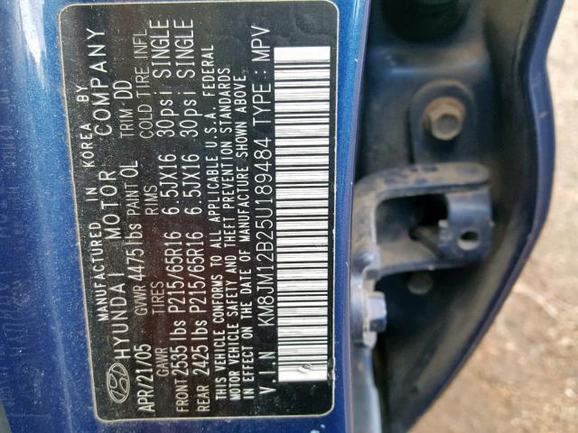 KM8JM12B25U189484 - 2005 HYUNDAI TUCSON GL BLUE photo 10