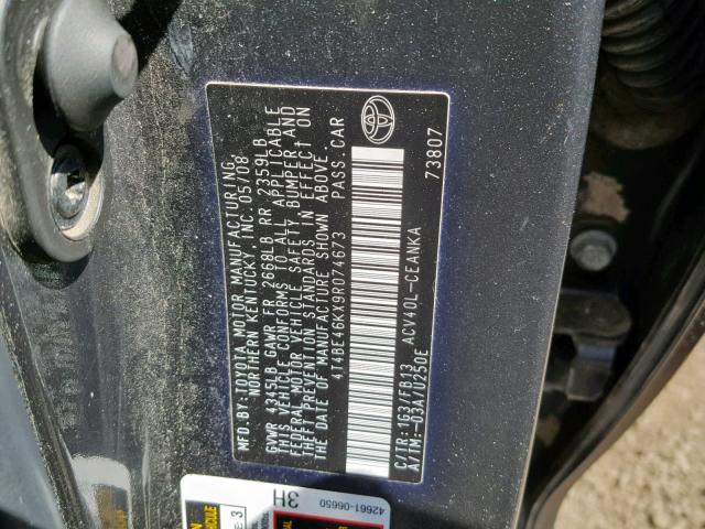 4T4BE46KX9R074673 - 2009 TOYOTA CAMRY BASE GRAY photo 10