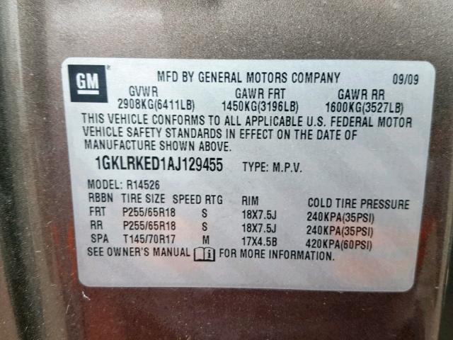 1GKLRKED1AJ129455 - 2010 GMC ACADIA SL BROWN photo 10