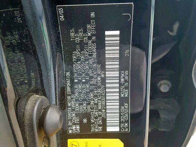 JTEHF21A830143279 - 2003 TOYOTA HIGHLANDER BLACK photo 10