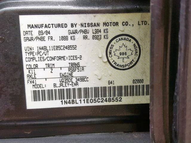 1N4BL11E05C248552 - 2005 NISSAN ALTIMA SE GRAY photo 10