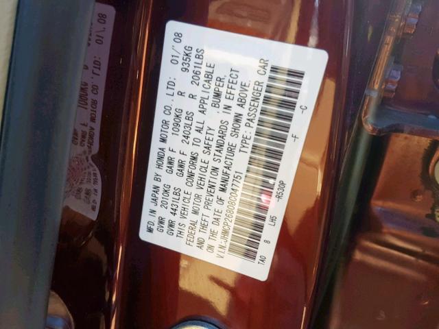 JHMCP26808C047751 - 2008 HONDA ACCORD EXL BURGUNDY photo 10