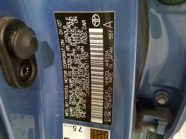 JTDKB20U077611150 - 2007 TOYOTA PRIUS BLUE photo 10