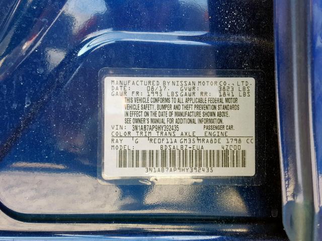 3N1AB7AP9HY392435 - 2017 NISSAN SENTRA S BLUE photo 10