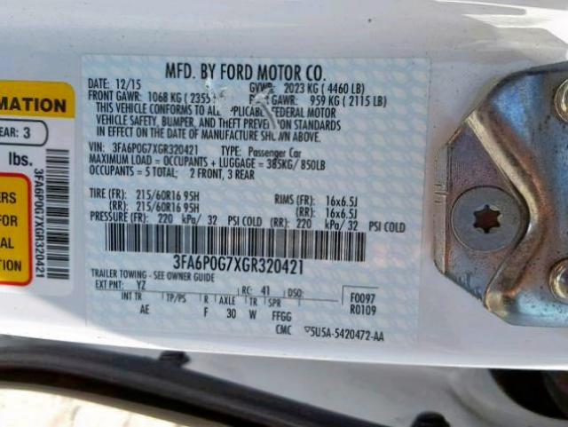 3FA6P0G7XGR320421 - 2016 FORD FUSION S WHITE photo 10