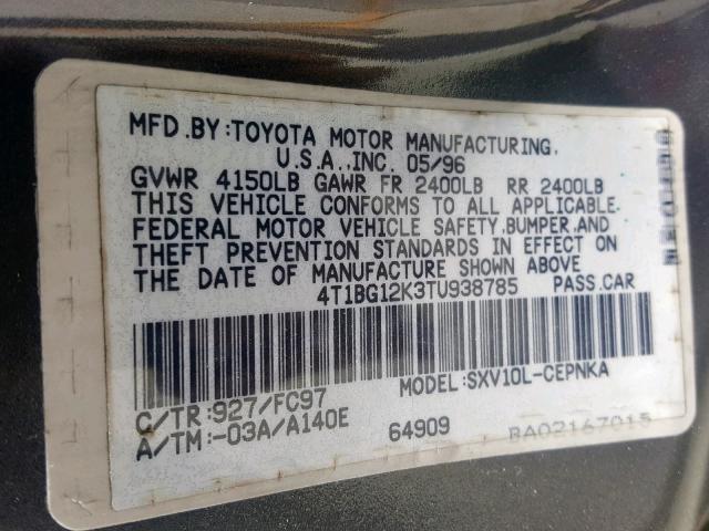 4T1BG12K3TU938785 - 1996 TOYOTA CAMRY DX BLACK photo 10