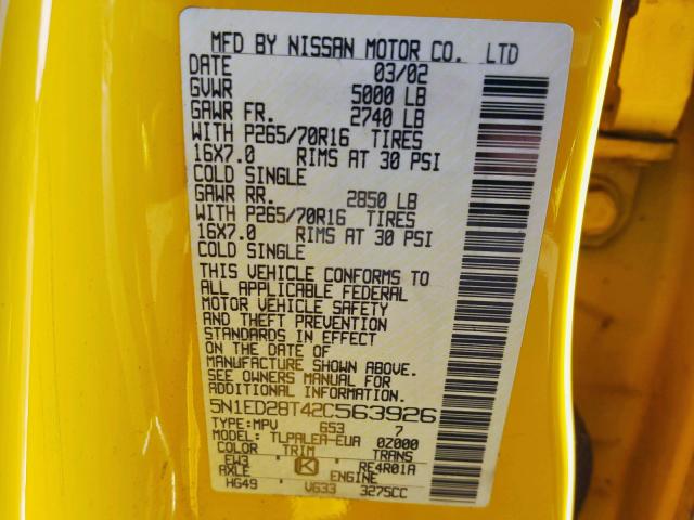 5N1ED28T42C563926 - 2002 NISSAN XTERRA XE YELLOW photo 10