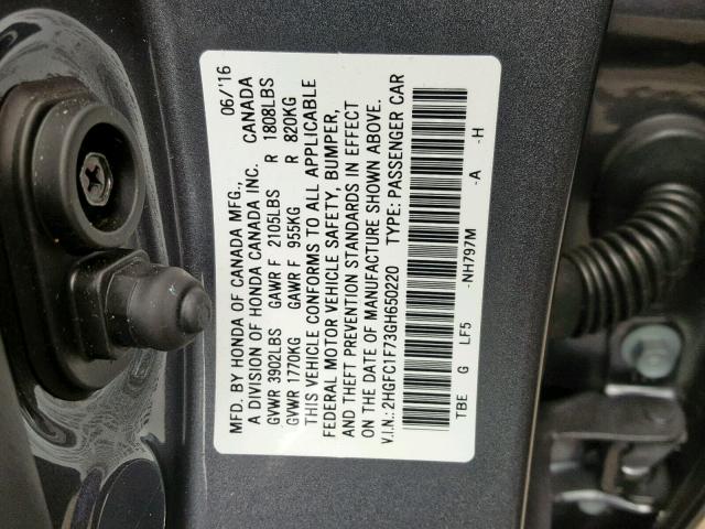 2HGFC1F73GH650220 - 2016 HONDA CIVIC EXL GRAY photo 10