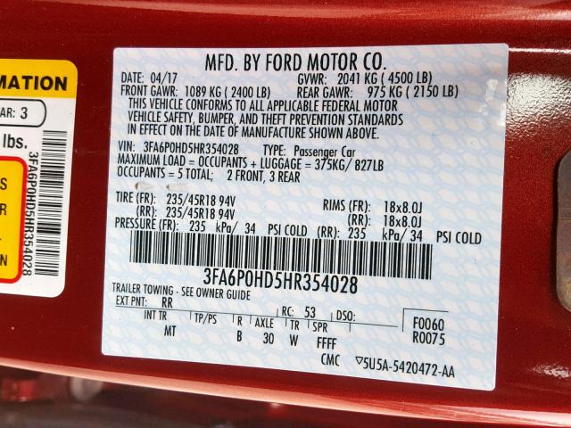 3FA6P0HD5HR354028 - 2017 FORD FUSION SE RED photo 10